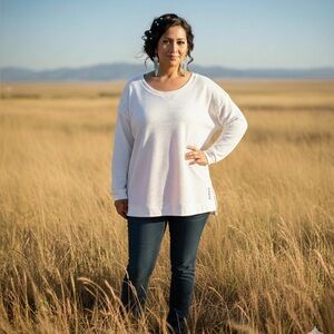 BEHIND THE SEAMS Textured Over/Under Patterned Sweatshirt